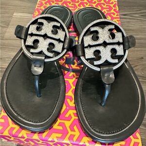 Tory Burch Amanda black leather thong with crystal logo